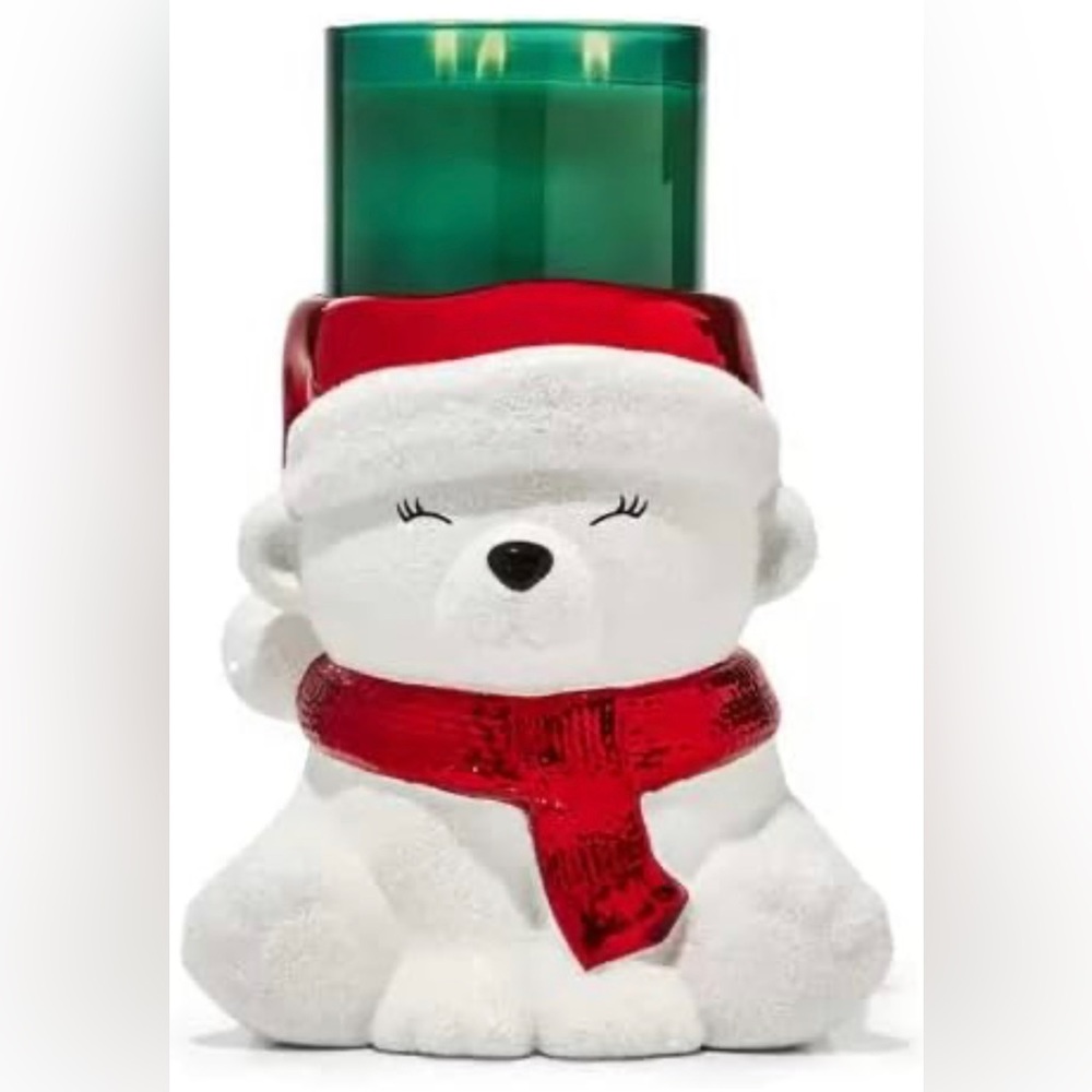 Bath & Body Works Ceramic Santa Bear Pedestal 3-Wick Candle Holder; NWT